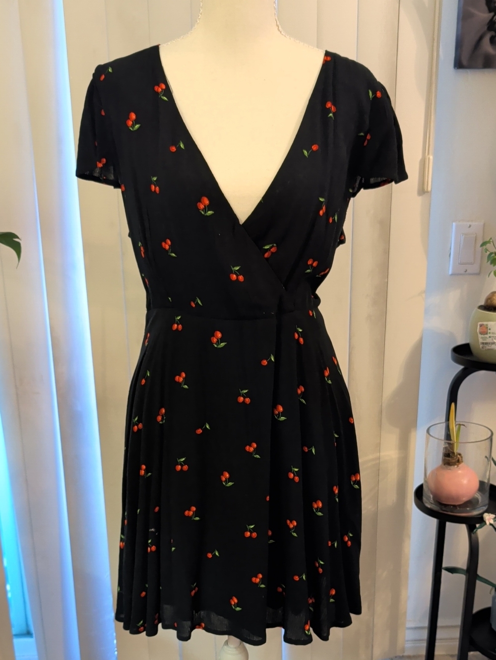 Lulu's XL Black Cherry-Print Cross Over V Neck Dress